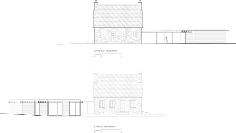 Elevation drawings showing the masonry house with tiled roof adjoining a glazed single-storey extension