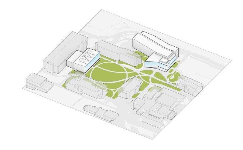 Axonometric drawing showing central green courtyard surrounded by building volumes and neighboring structures