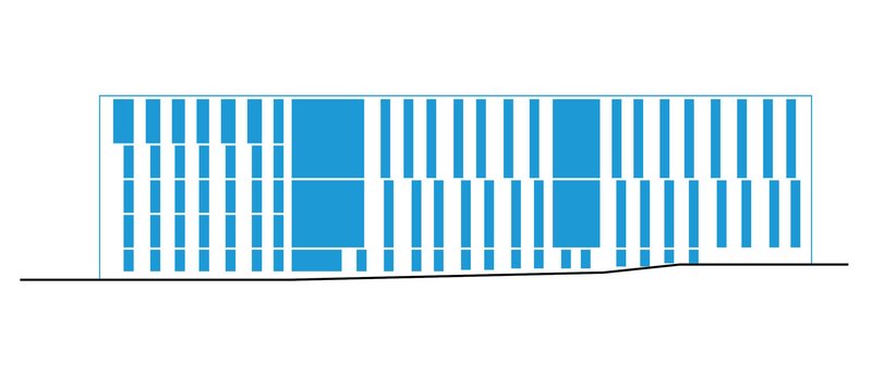 Elevation drawing showing a rhythmic facade of vertical blue louvers with larger glazed panels