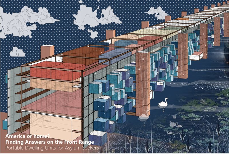Axonometric view of the bridge structure showing suspended housing modules and layered public program across the water.