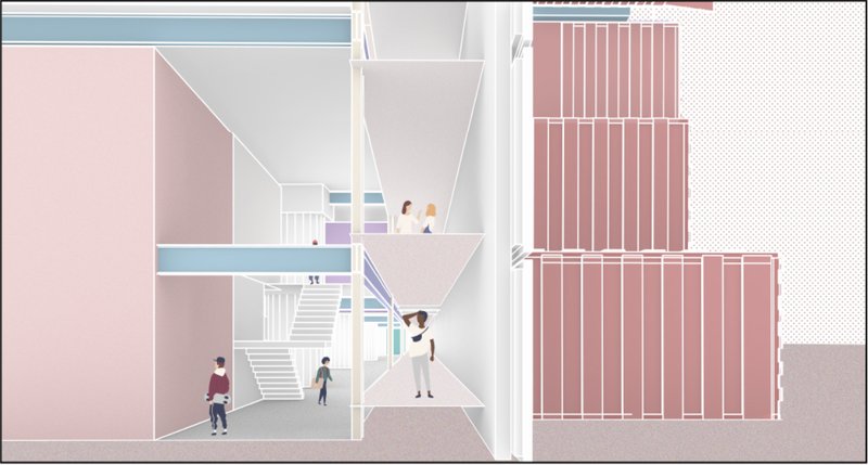 Interior sectional detail highlighting circulation, shared platforms, and the spatial relationship between private units and public zones.