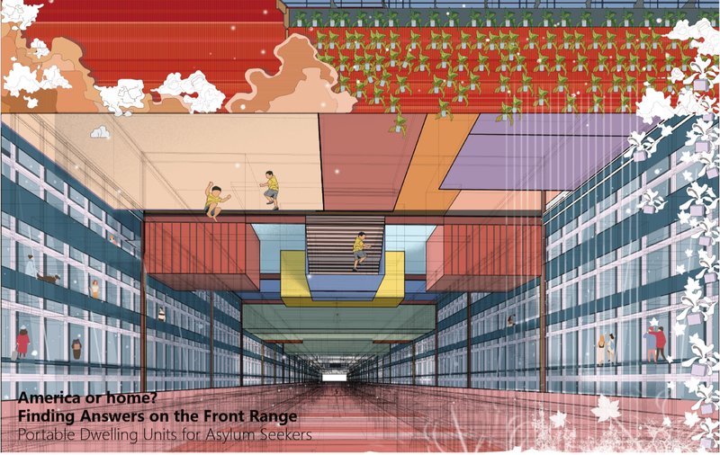 Linear bridge corridor integrating portable dwelling units within a dense, modular housing framework for asylum seekers.