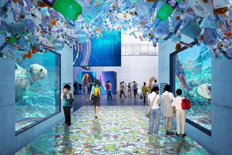 Gallery corridor with aquarium windows and patterned floor tile beneath suspended plastic debris installation