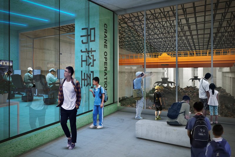 Concrete interior with exposed structural truss ceiling and glass partition revealing crane operations beyond