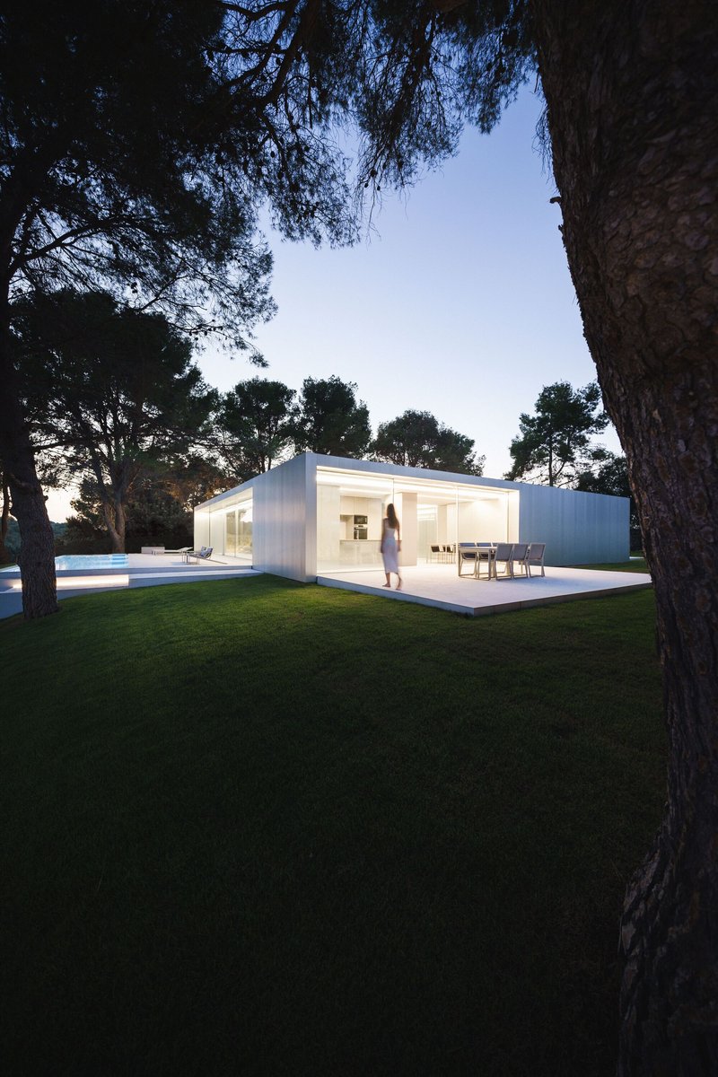 White single-story pavilion with full-height glazing framed by pine trees at dusk
