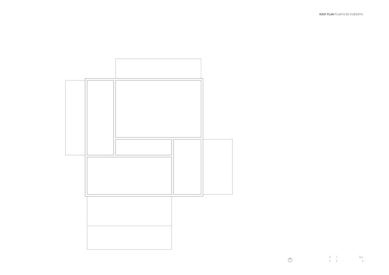 Roof plan drawing showing overlapping rectangular volumes arranged in an offset composition