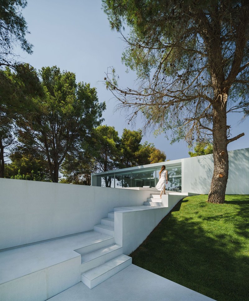 White concrete staircase ascending through lawn toward the glass-walled volume with a figure walking