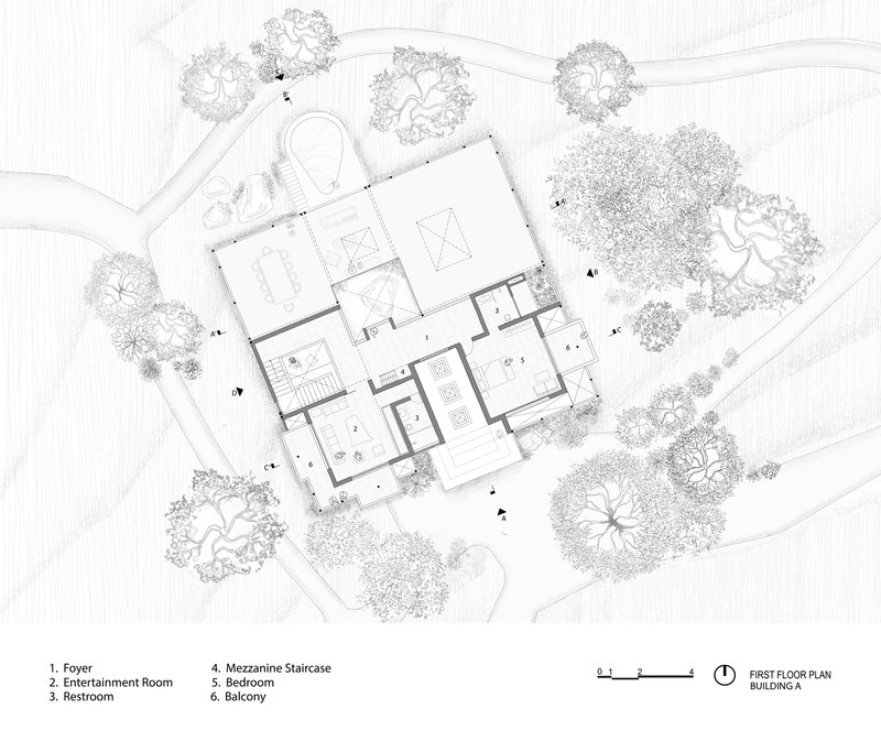 First floor plan drawing showing bedrooms and a mezzanine staircase with exterior vegetation rendered in detail