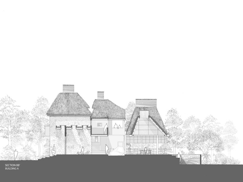 Section drawing cutting through thatched pyramidal roofs exposing two-story interior spaces and exterior terrace