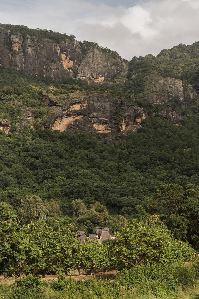 Distant view of low-rise structures nestled in dense vegetation beneath layered rock cliffs under cloudy skies