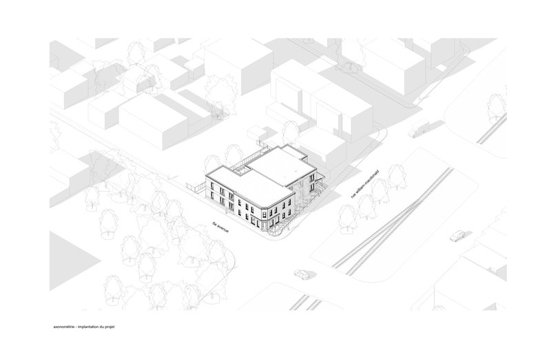 Axonometric drawing showing a corner building with new rooftop addition within its surrounding block context