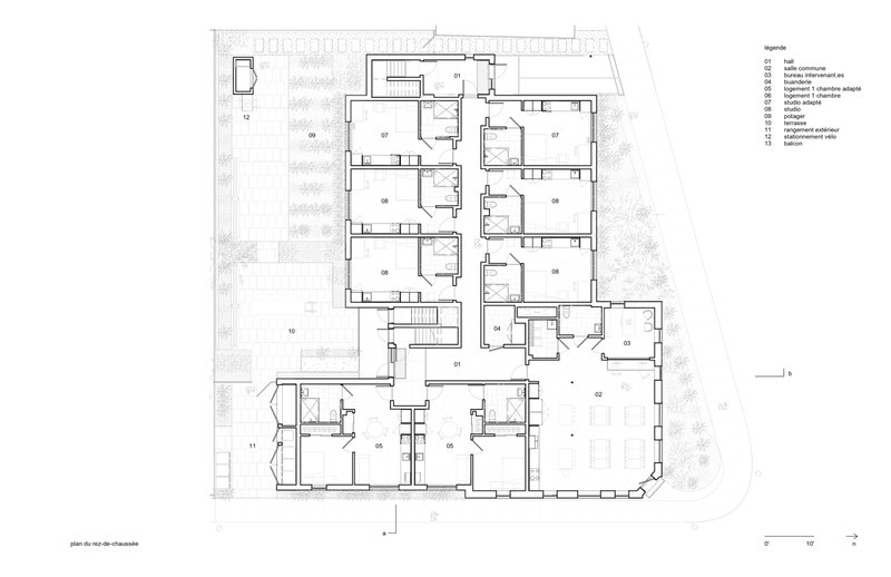 Ground floor plan drawing showing residential units arranged around a central corridor with landscaped courtyards