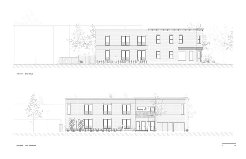 Elevation drawings showing the front and rear facades with regular window patterns and surrounding vegetation