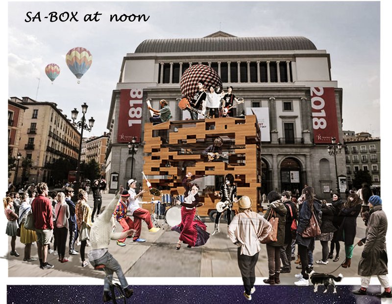 A mobile public stage activates the square with diverse street performances.