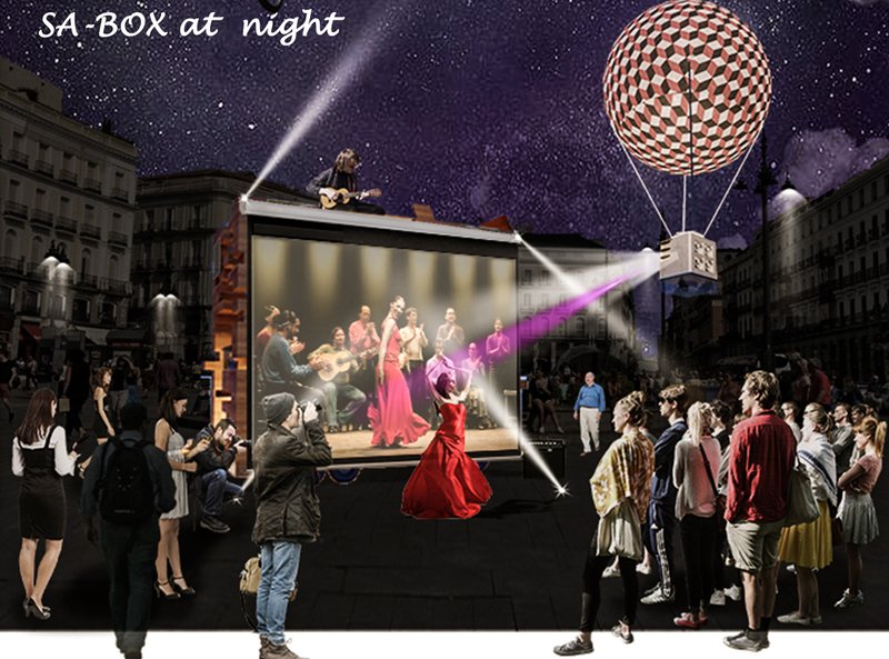 Integrated projection and lighting transform the structure into an immersive urban theater.