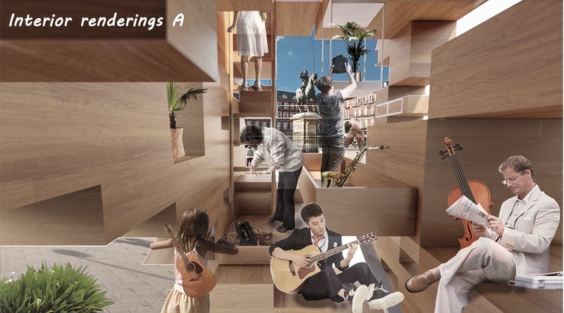 Layered modular spaces enable simultaneous performance, practice, and audience interaction.