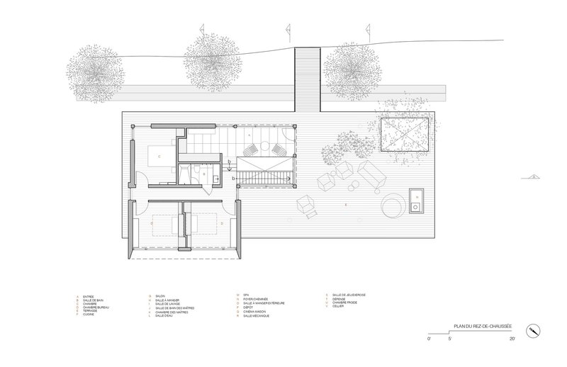 Floor plan drawing of the main level with open deck and interior room divisions