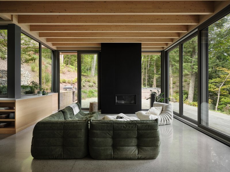 Living room with floor-to-ceiling glazing, central black fireplace, and exposed timber ceiling