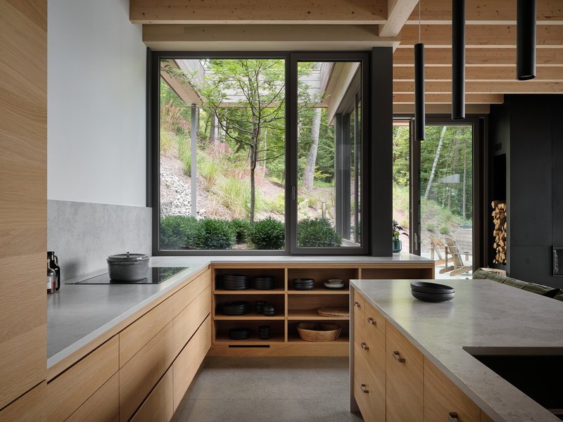 Kitchen with light wood cabinetry and concrete countertops framing a view of deciduous trees beyond black windows