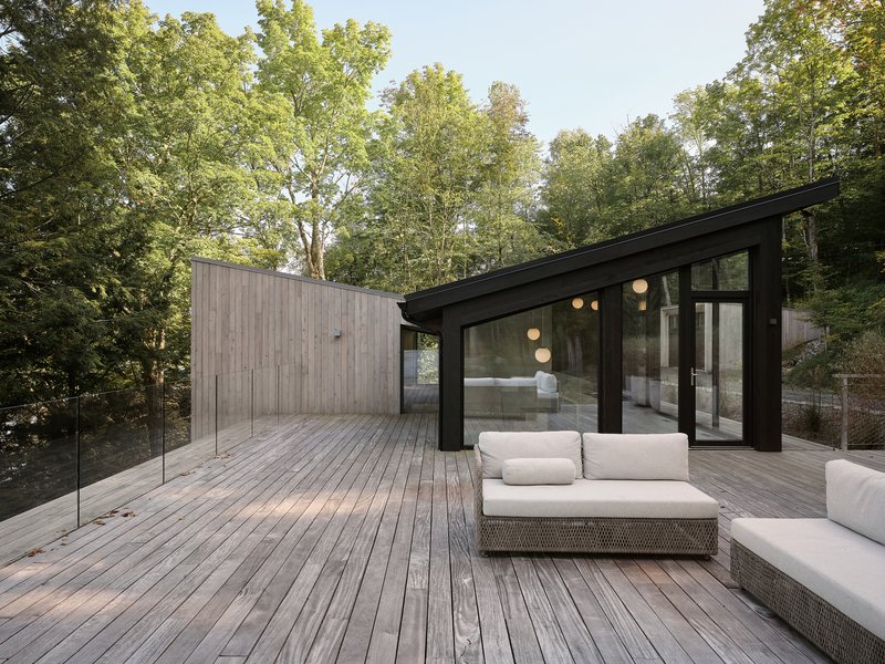Weathered timber deck with glass balustrade extending from black-framed glazed pavilion surrounded by dense forest canopy