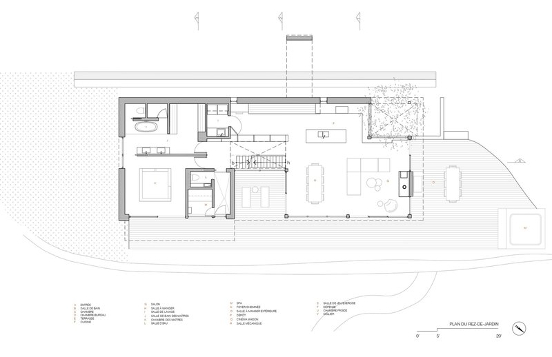 Ground floor plan drawing showing interior rooms and adjacent exterior deck with pool