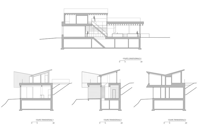 Section and elevation drawings showing the split-level arrangement on sloping terrain