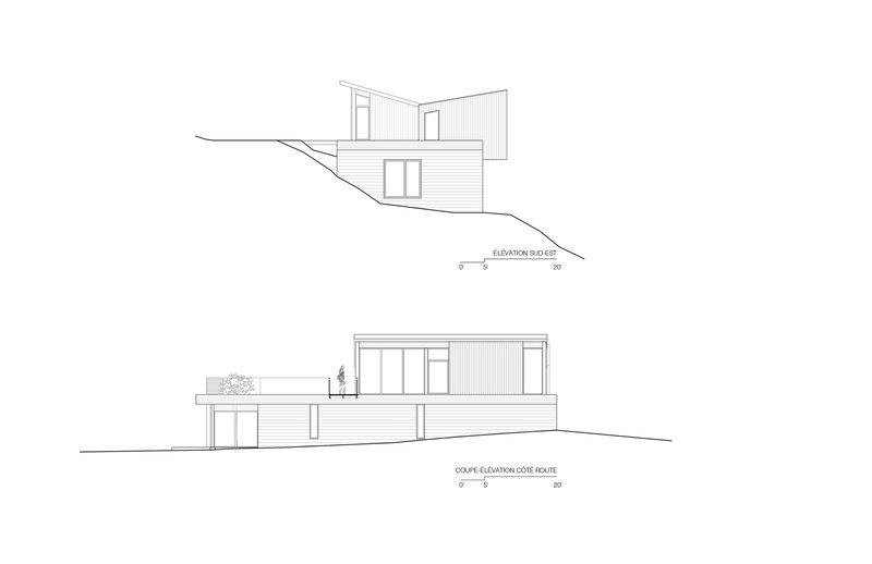 Elevation drawings of the roadside and southern facades with horizontal cladding