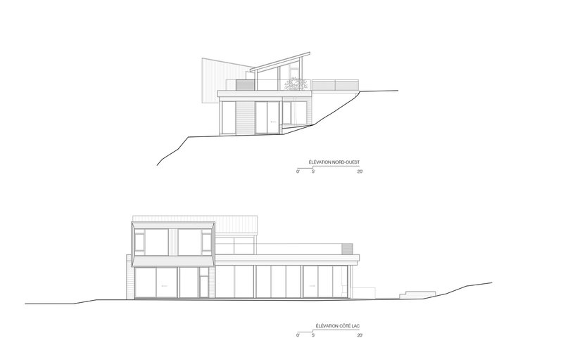 Elevation drawings showing a two-story glazed pavilion with horizontal planes stepping down a sloping grade
