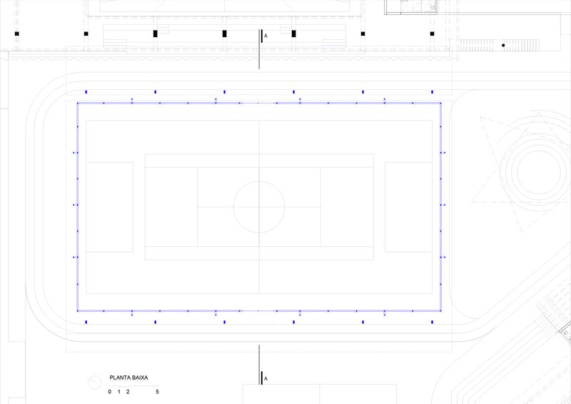 Floor plan drawing showing a rectangular sports field surrounded by a running track and adjacent structures