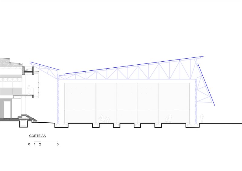 Section drawing revealing a multi-story structure on the left and a large trussed hall with stepped foundation