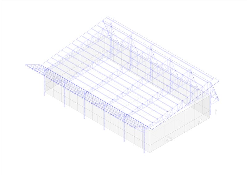 Axonometric drawing depicting the structural frame with timber trusses and gridded roof supports