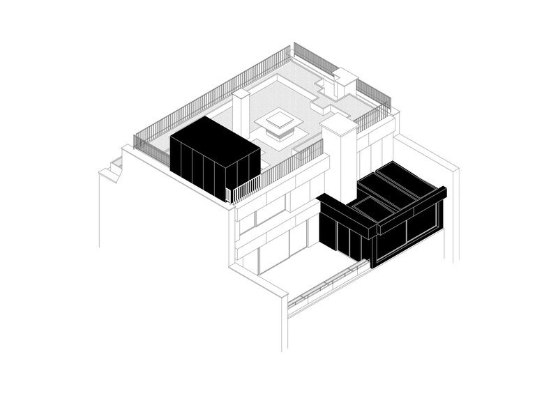 Axonometric drawing showing two black volumes inserted into the rooftop terrace of an existing structure