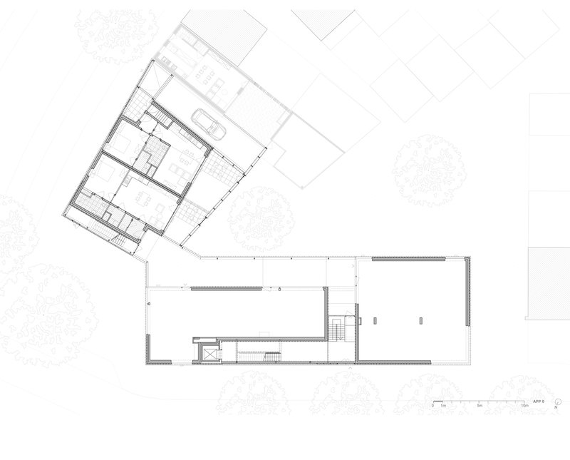 Floor plan and section drawing depicting an angled residential volume with interior room divisions