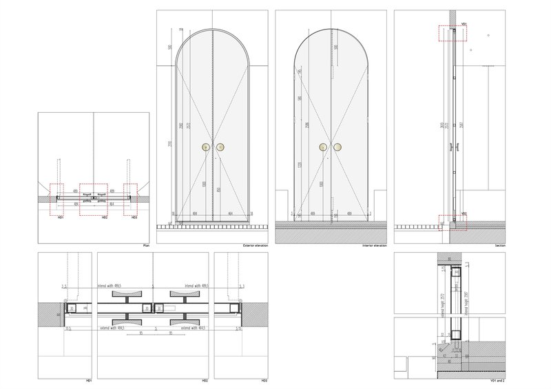 Construction detail drawings of arched window frames with plan and section views showing assembly layers