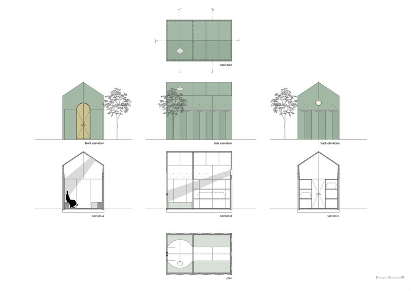 Elevation, section and plan drawings of a gabled structure with green paneling and adjacent trees