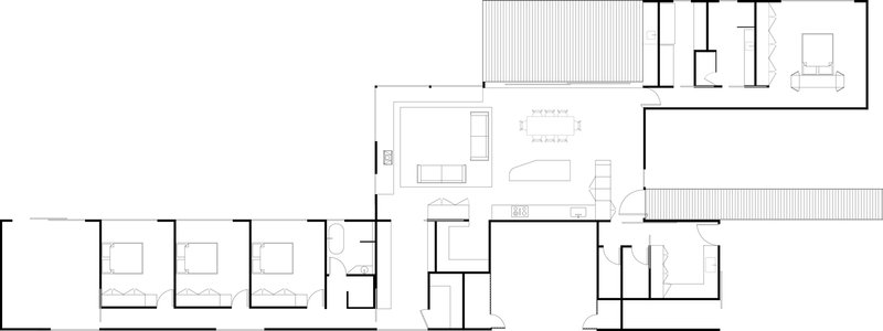 Floor plan drawing showing linear arrangement of bedrooms and open living areas with deck