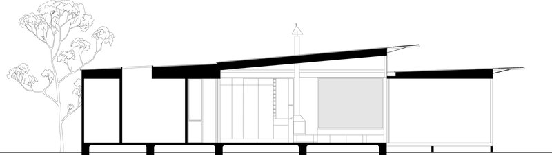 Section drawing revealing pitched roof structure over central living space with flanking volumes