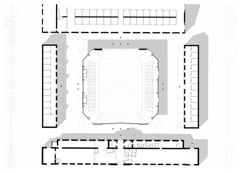 Floor plan drawing showing an octagonal central hall flanked by three linear wings with repeated cellular spaces