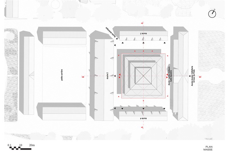 Site plan drawing showing the octagonal central structure with surrounding buildings and tree canopies rendered in grey