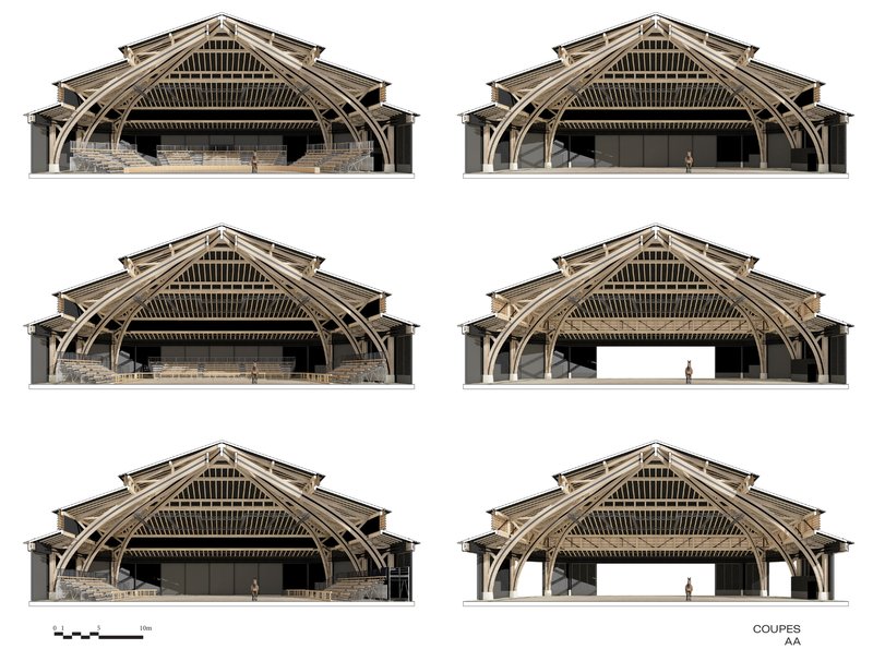 Section drawings showing six variations of the exposed timber truss system and interior configurations with human figures