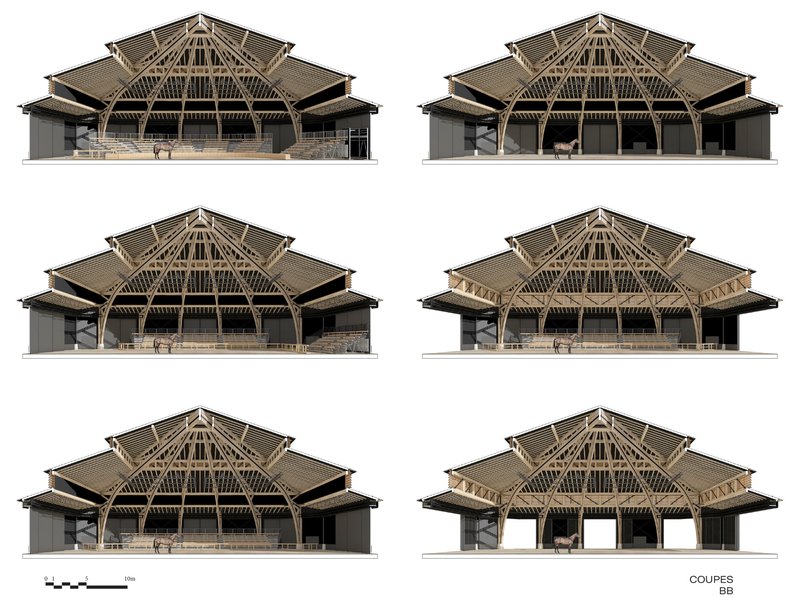 Section drawings showing six elevations of the layered timber roof structure with stone base and open colonnades