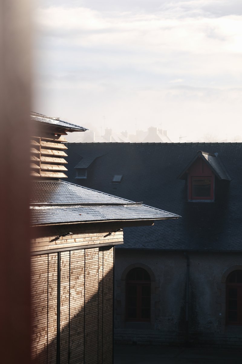 Afternoon sunlight casting shadows across the layered roof profiles and slatted timber wall