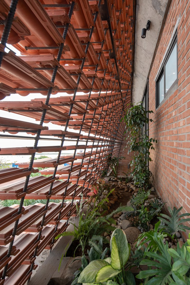 Planted balcony edge behind a terracotta tile louvered facade with climbing vines and ferns