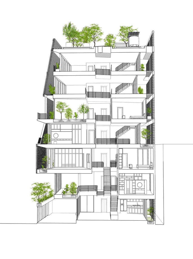 Section drawing revealing staggered floor plates with planted terraces and rooftop greenery throughout the tower