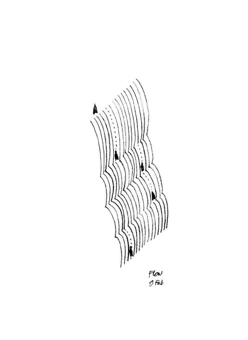 Hand-drawn sketch showing contoured floor plates stacked vertically in an organic composition