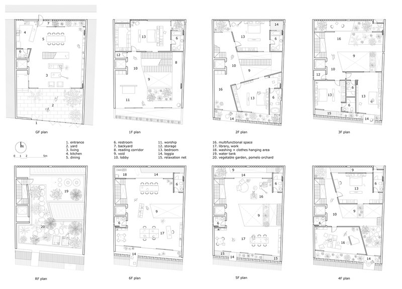 Floor plan drawings showing eight levels of a narrow residence with internal courtyards and planted terraces
