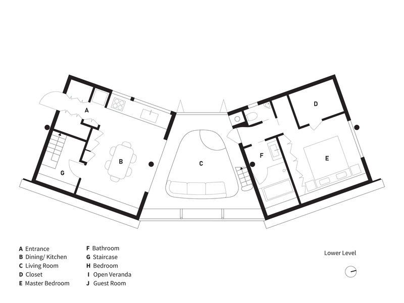 Lower level floor plan showing angled wings flanking a central curved living room