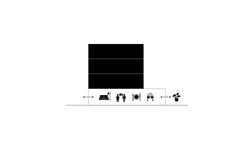 Section drawing showing three-story volume with programmatic icons indicating living, dining, and gathering spaces