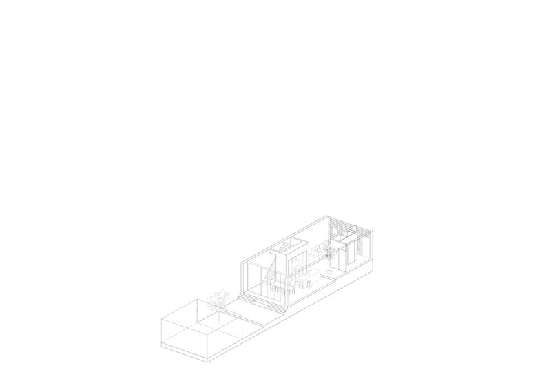 Axonometric drawing revealing interior rooms, courtyard, and roof terrace in a narrow linear building