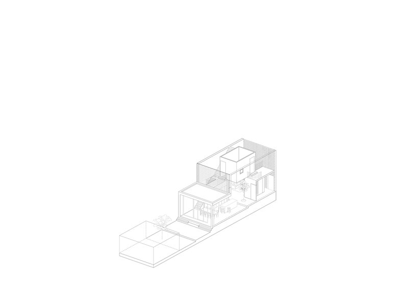 Axonometric drawing showing split-level interior spaces and rooftop enclosure within a slender building volume
